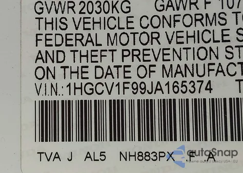 2018 Honda Accord Touring from USA, damaged, VIN 1HGCV1F99JA165374